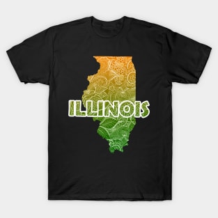 Colorful mandala art map of Illinois with text in green and orange T-Shirt